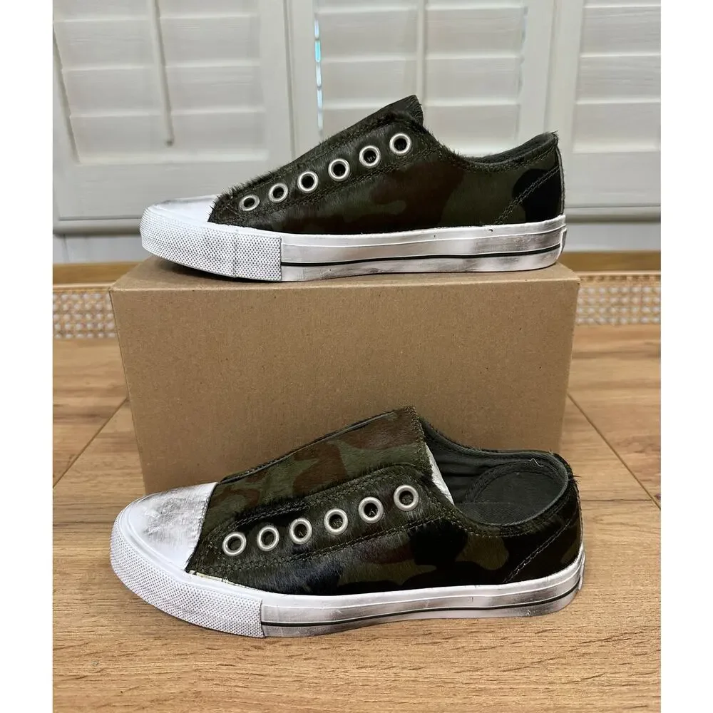 Naughty Monkey Shalomar Sneaker Camo Leather 100% Pony Hair Sz 6 NWOB Distressed
